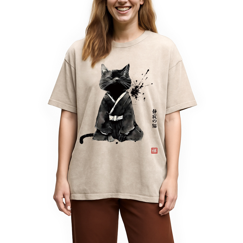 Modecanvas Zen Cat Japanese DTG Printing Washed T-Shirt