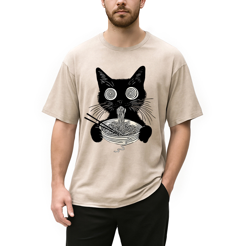 Modecanvas Psychedelic Ramen Cat DTG Printing Washed T-Shirt