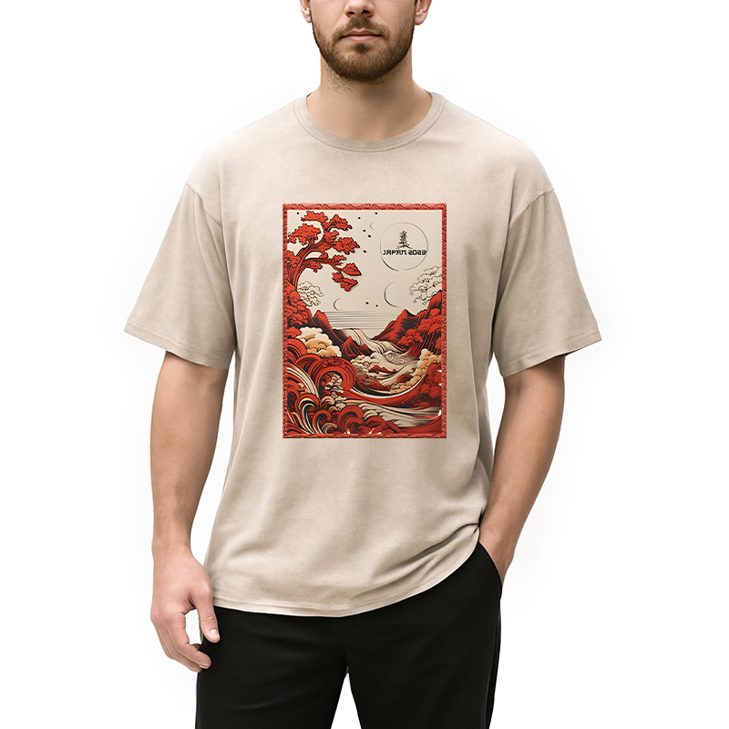 Modecanvas Japanese River View DTG Printing Washed T-Shirt