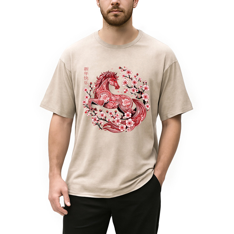 Modecanvas Chinese Horse New Year DTG Printing Washed T-Shirt