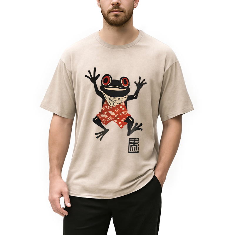 Modecanvas Japanese Happy Frog Ukiyoe DTG Printing Washed T-Shirt