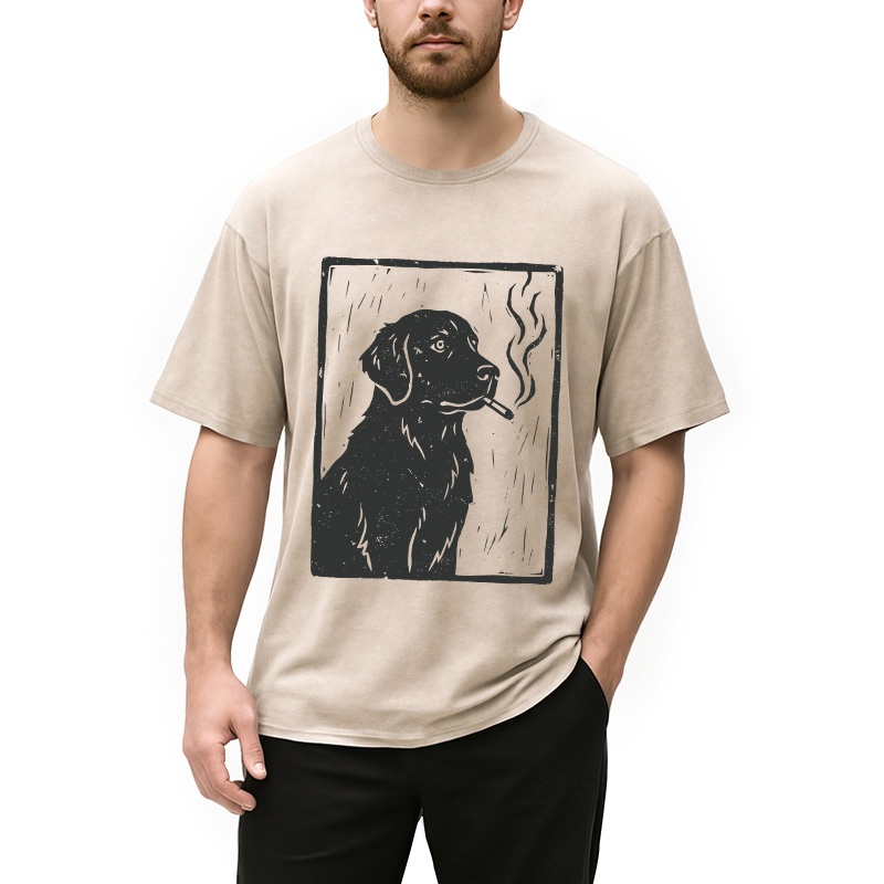 Modecanvas Smoking Labrador Linocut DTG Printing Washed T-Shirt