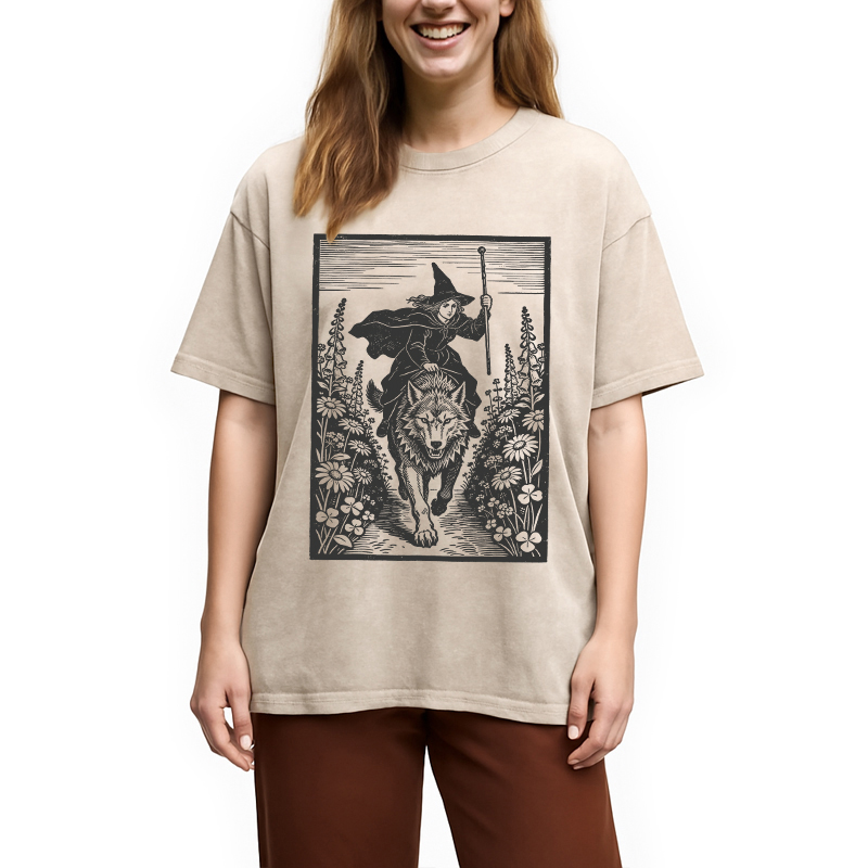 Modecanvas Witch Riding Wolf DTG Printing Washed T-Shirt