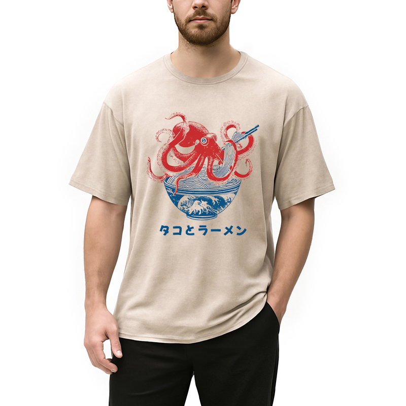 Modecanvas Octopus Eating Ramen DTG Printing Washed T-Shirt