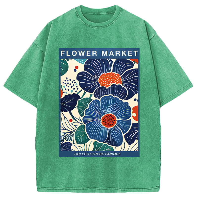Modecanvas Blue Flowers Botanical Art DTG Printing Washed T-Shirt