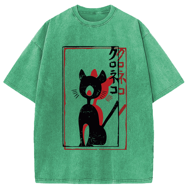 Modecanvas Japanese Retro Black Cat Poster DTG Printing Washed T-Shirt