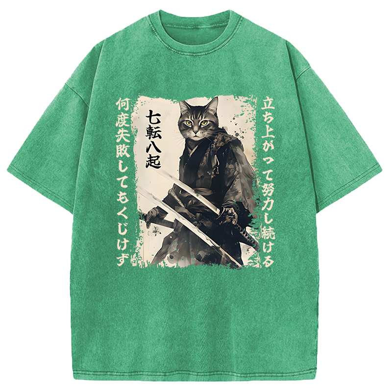 Modecanvas Samurai Japanese Cat DTG Printing Washed T-Shirt