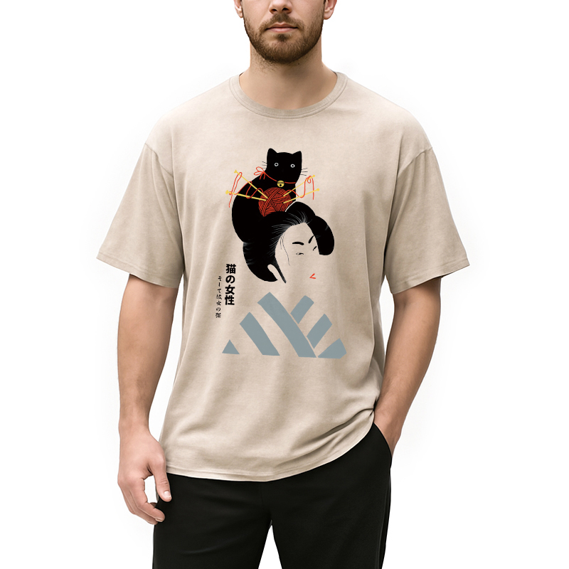 Modecanvas Geisha And Cat Washed T-Shirt