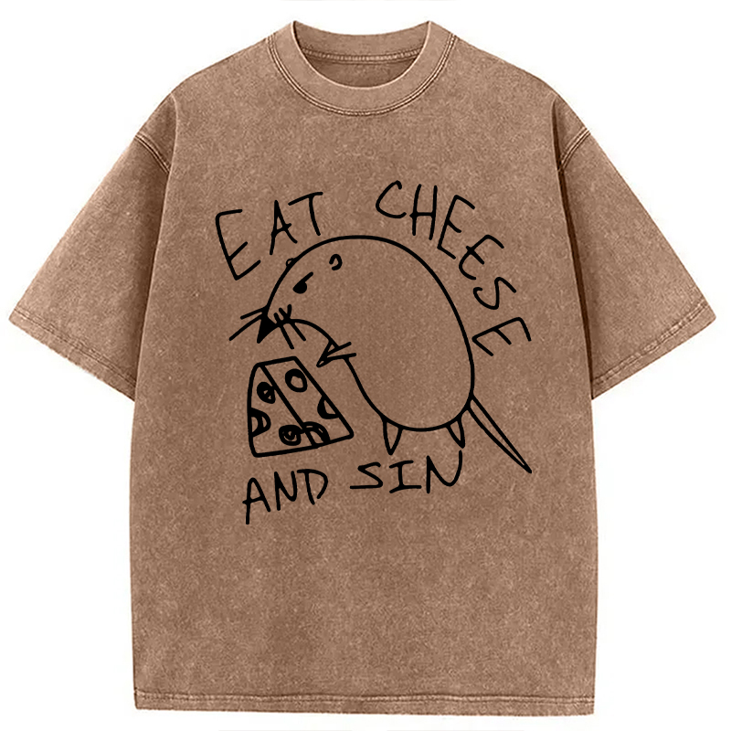 Modecanvas Eat Cheese And Sin Meme Washed T-Shirt-modecanvas