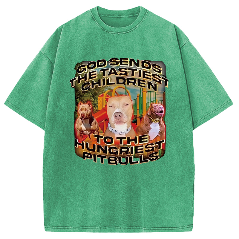 Modecanvas God Sends The Tastiest Children To The Hungriest Pitbulls DTG Printing Washed T-Shirt