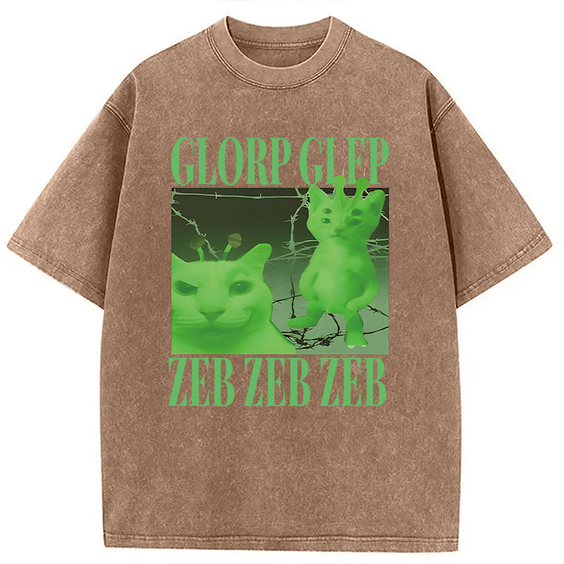 Modecanvas Green Alien Cat Meme DTG Printing Washed T-Shirt