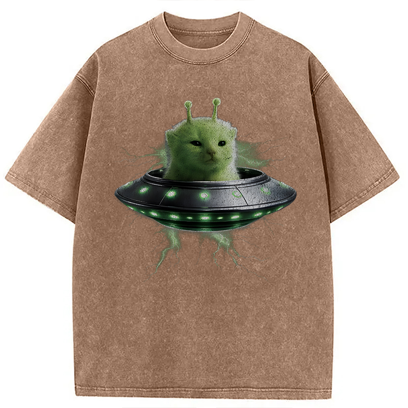 Modecanvas UFO Alien Cat DTG Printing Washed T-Shirt
