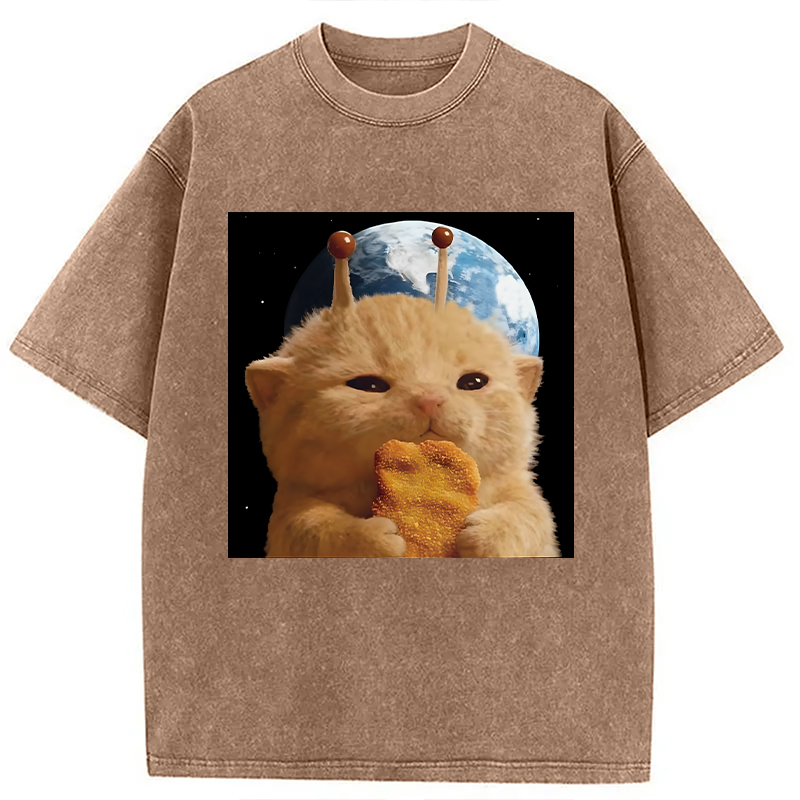 Modecanvas Space Chicken Nugget Alien Cat DTG Printing Washed T-Shirt