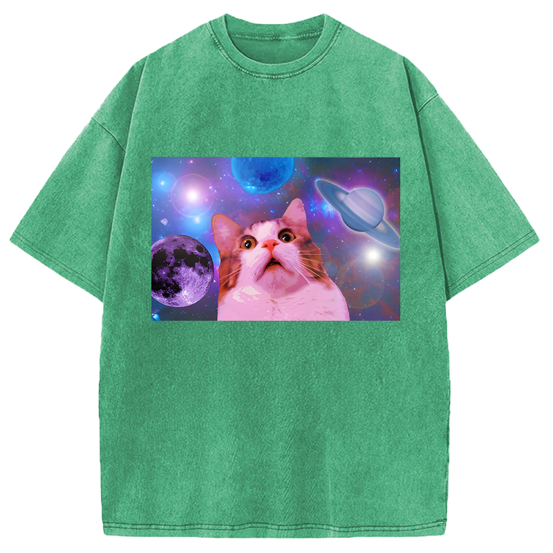 Modecanvas Funny Cat In Space DTG Printing Washed T-Shirt
