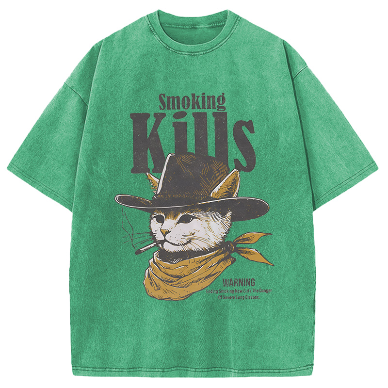 Modecanvas Funny Anti Smoking Cat DTG Printing Washed T-Shirt