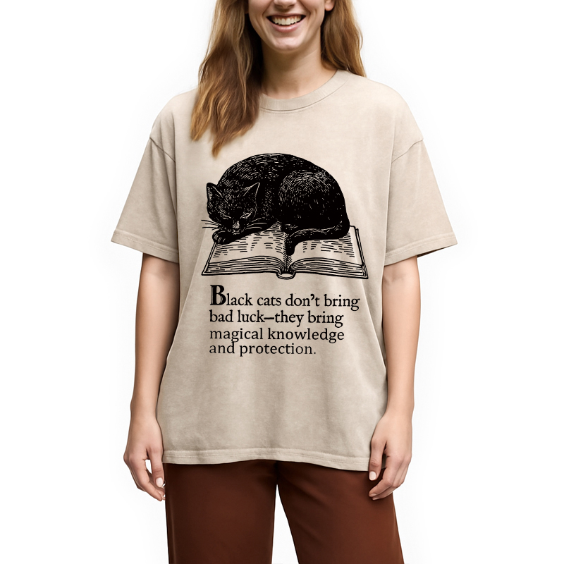 Modecanvas Black Cat Sleeping On A Book Washed T-Shirt