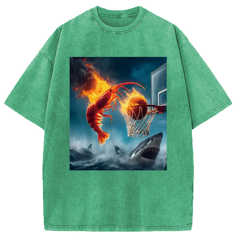 Modecanvas Shrimp Dunking on Shark Funny DTG Printing Washed T-Shirt