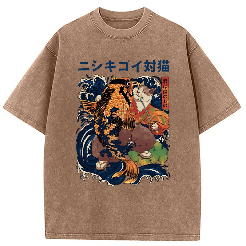 Modecanvas Harajuku Samurai Cat Koi Fish DTG Printing Washed T-Shirt