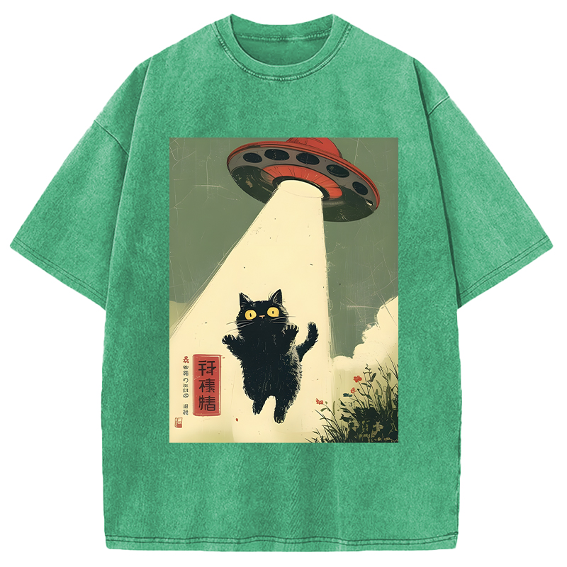 Modecanvas Vintage Japanese Alien Cat DTG Printing Washed T-Shirt