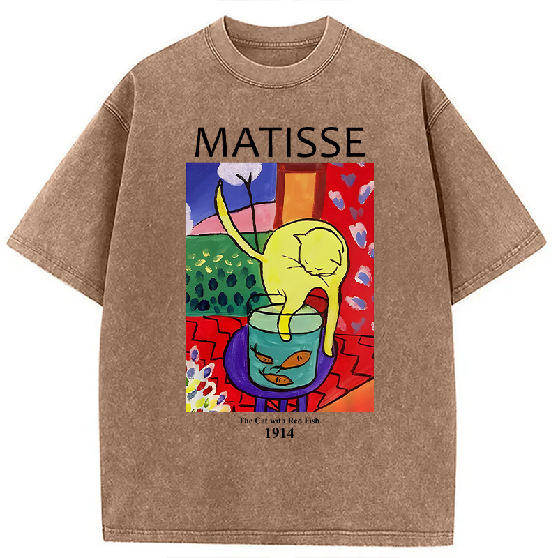 Modecanvas The Cat with Red Fish DTG Printing Washed T-Shirt