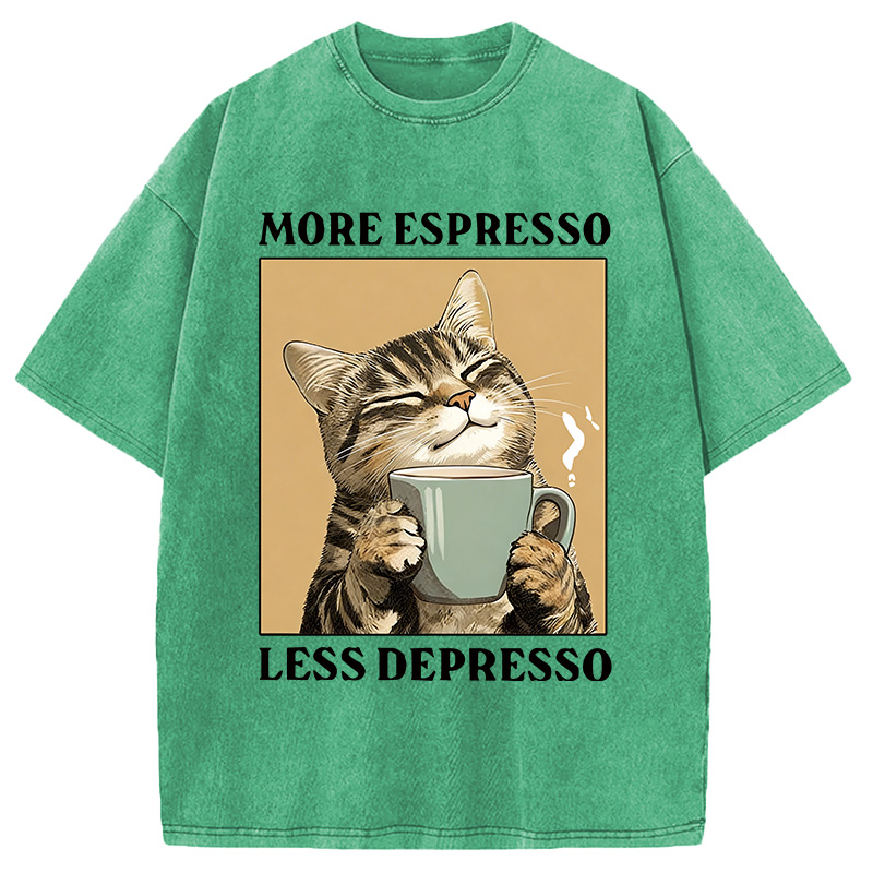 Modecanvas Cute Cat Drinking Coffee DTG Printing Washed T-Shirt