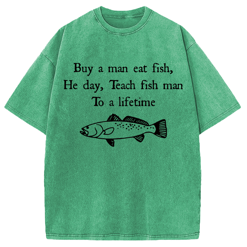 Modecanvas Man Eat Fish Meme DTG Printing Washed T-Shirt