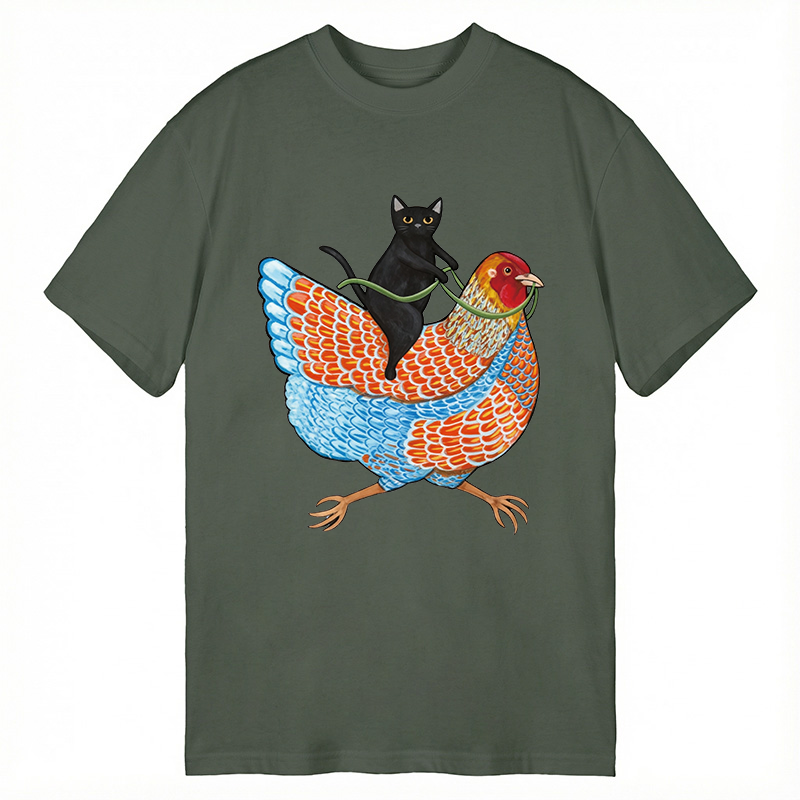 Modecanvas Black Cat On a Wyandotte Chicken DTG Printing Classic T-Shirt-modecanvas