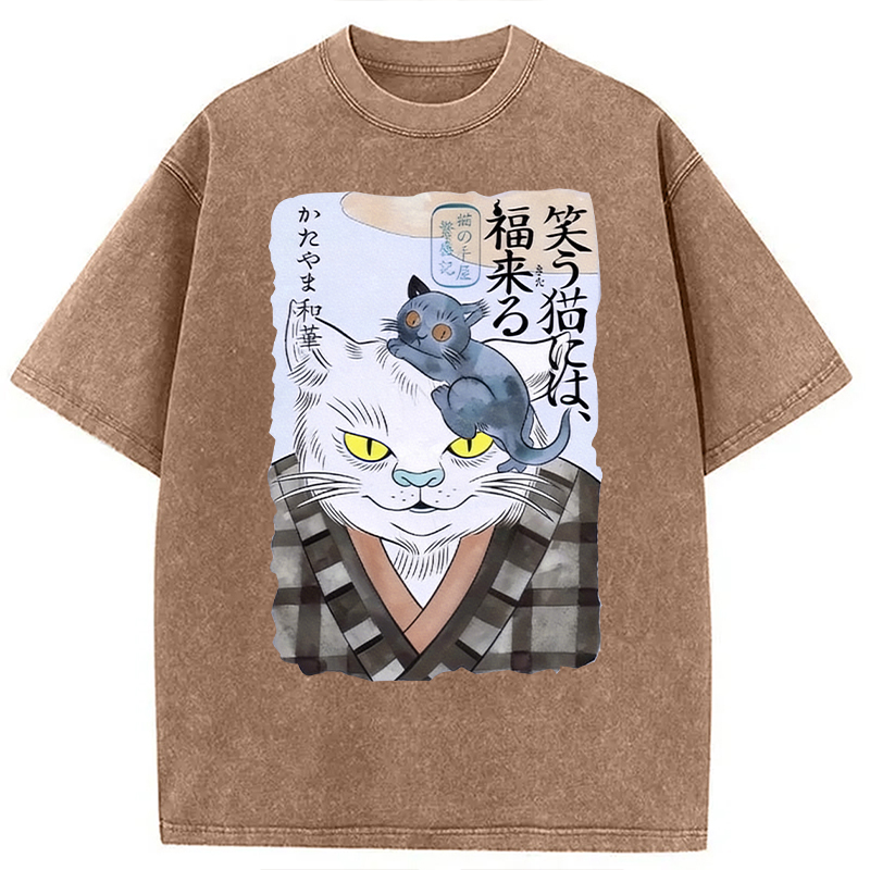 Modecanvas Japanese Vintage Cat DTG Printing Washed T-Shirt