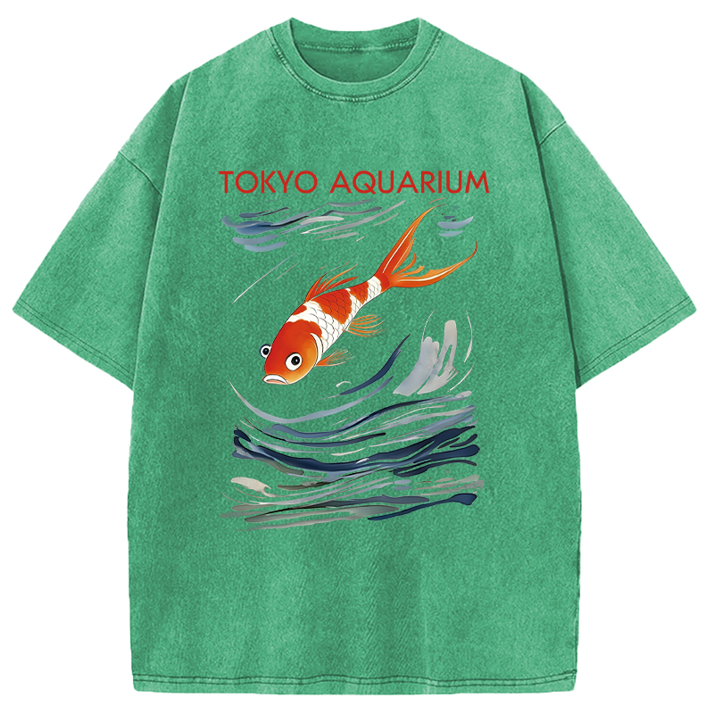 Modecanvas Tokyo Aquarium Koi Fish DTG Printing Washed T-Shirt