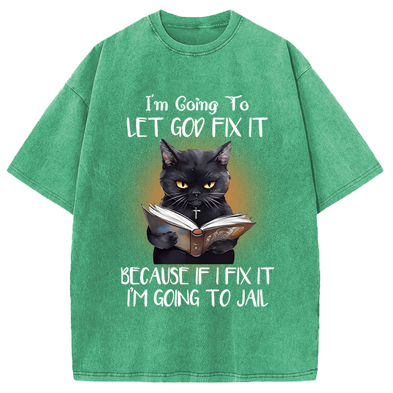 Modecanvas Funny Sarcastic Black Cat DTG Printing Washed T-Shirt