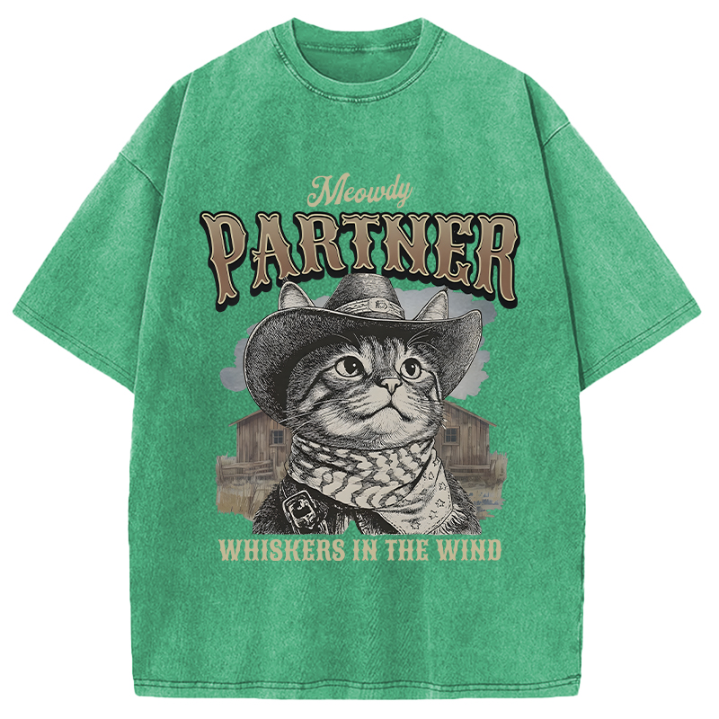 Modecanvas Meowdy Partner Cowboy Cat DTG Printing Washed T-Shirt