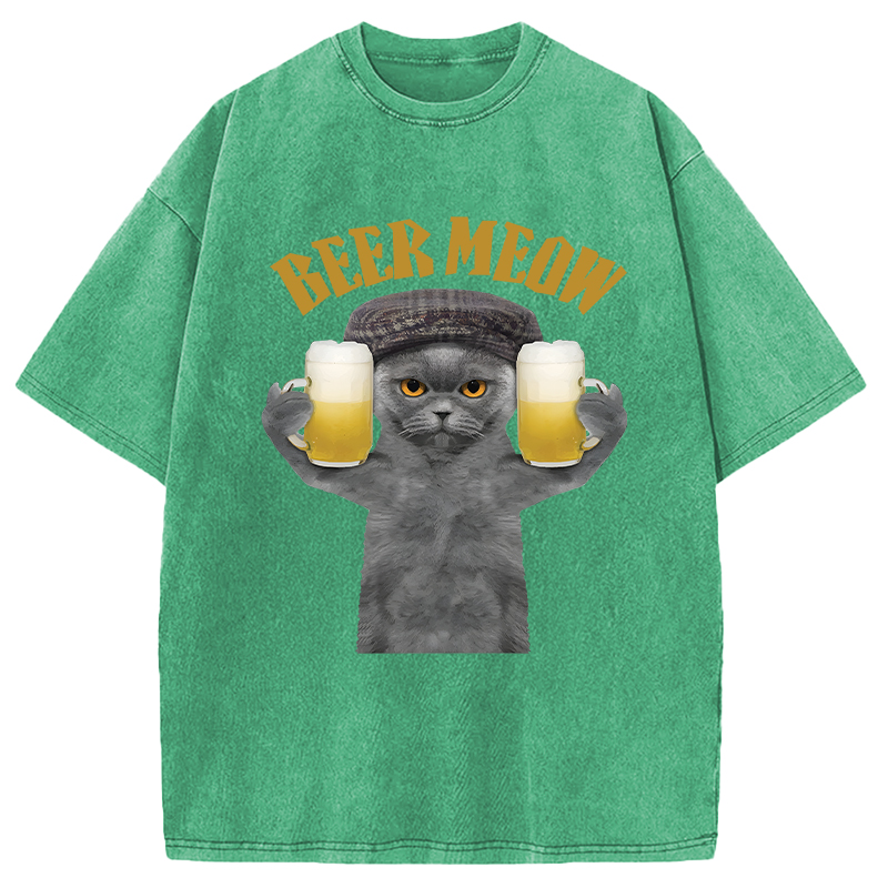 Modecanvas Funny Cat Drinking Or Serving Beer DTG Printing Washed T-Shirt