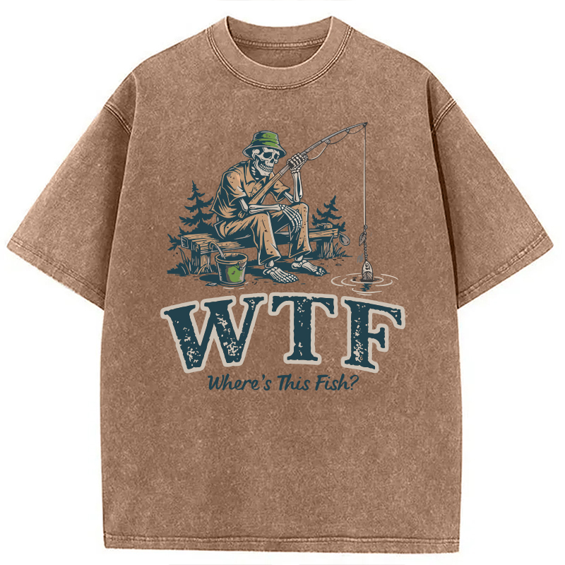 Modecanvas Funny WTF Where Is The Fish DTG Printing Washed T-Shirt