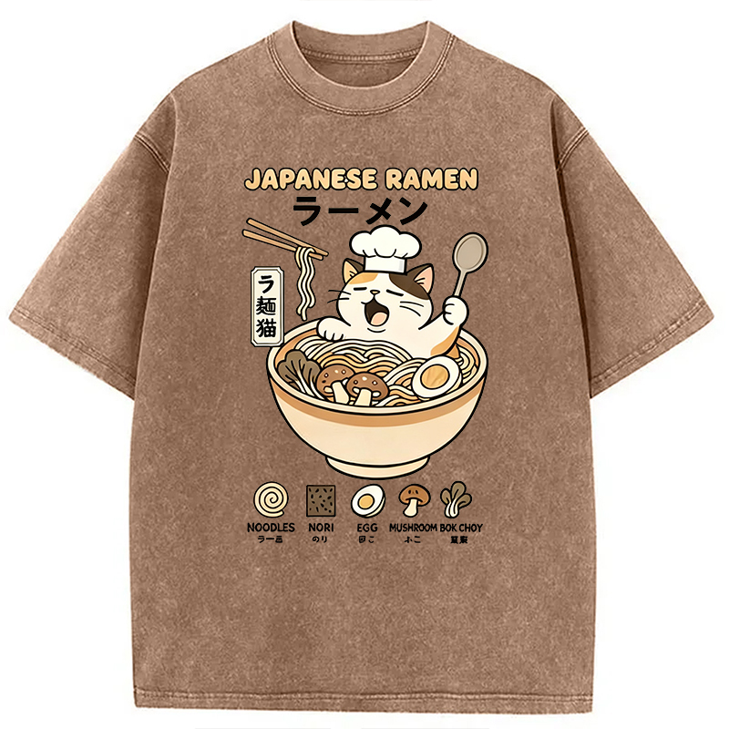 Modecanvas Ramen Cat DTG Printing Washed T-Shirt