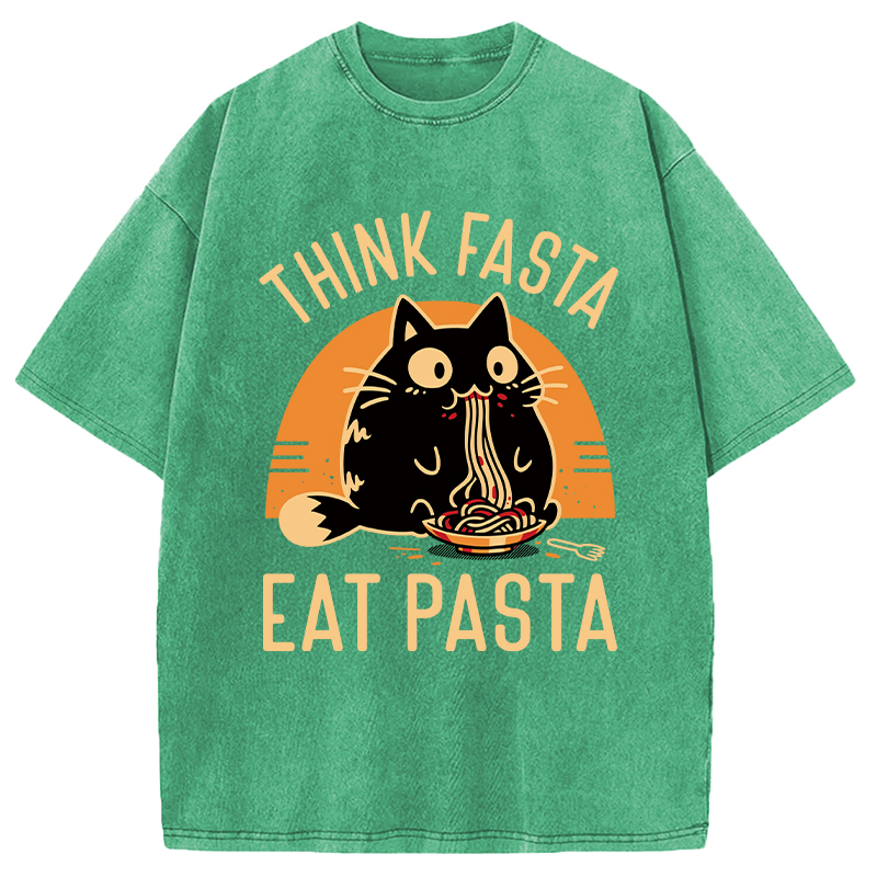 Modecanvas Think Fast Eat Pasta Funny Cat DTG Printing Washed T-Shirt