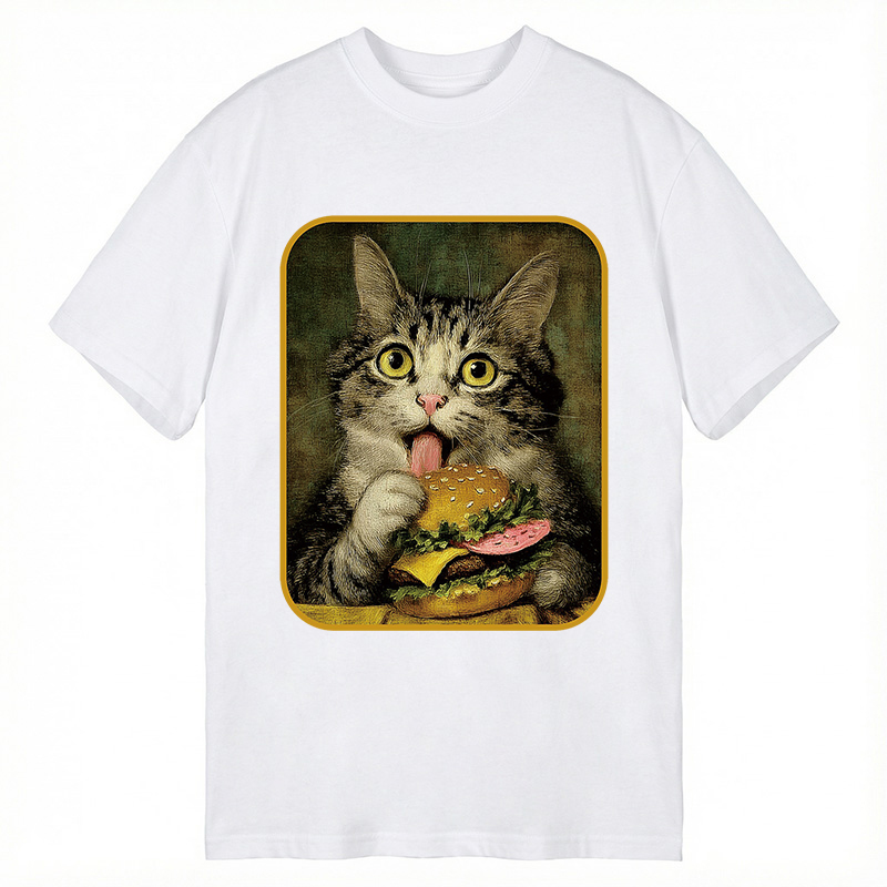 Modecanvas Trying to Eat Burger Funny Cute Cat DTG Printing Classic T-Shirt-modecanvas