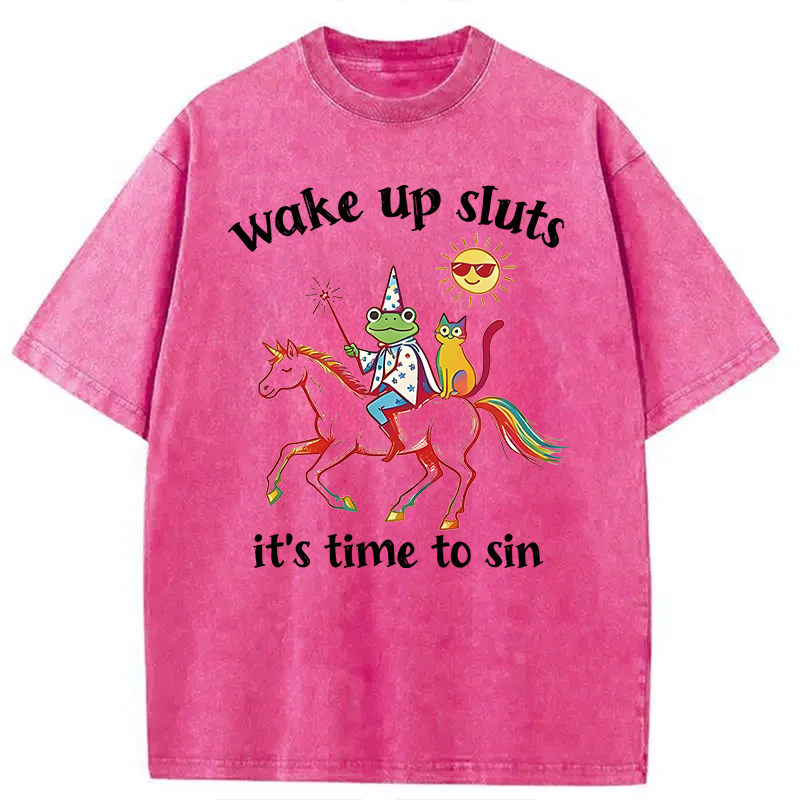 Modecanvas Wake Up Sluts Funny Frog DTG Printing Washed T-Shirt