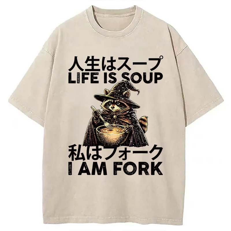 Modecanvas Life is Soup I Am Fork Funny Raccoon Wizard Meme DTG Printing Washed T-Shirt