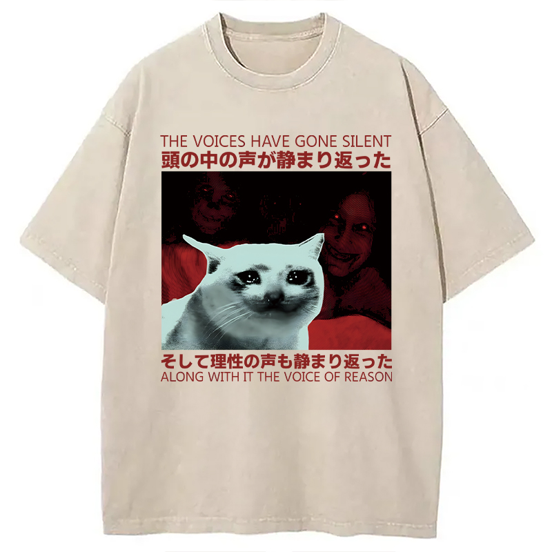 Modecanvas Silent Cat Funny Vintage Japanese DTG Printing Washed T-Shirt