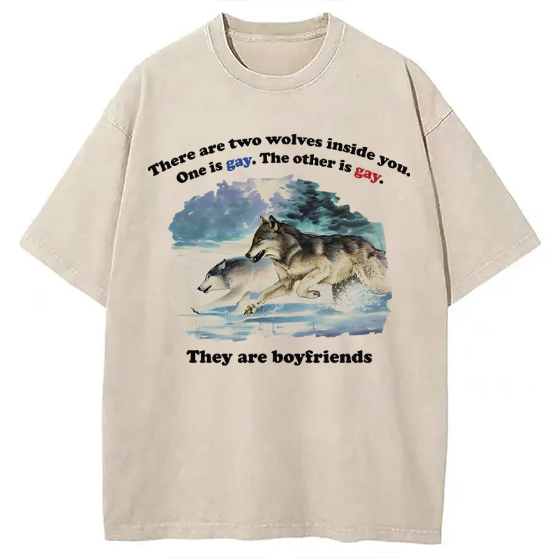 Modecanvas Two Wolves Gay Meme DTG Printing Washed T-Shirt