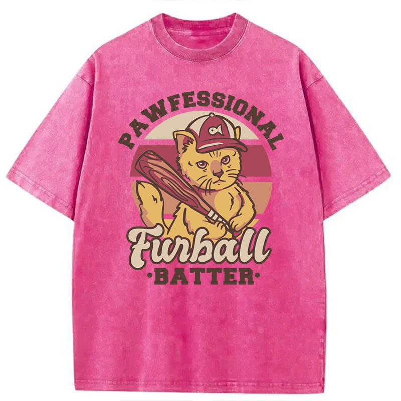 Modecanvas Furball Batter Funny Cat DTG Printing Washed T-Shirt