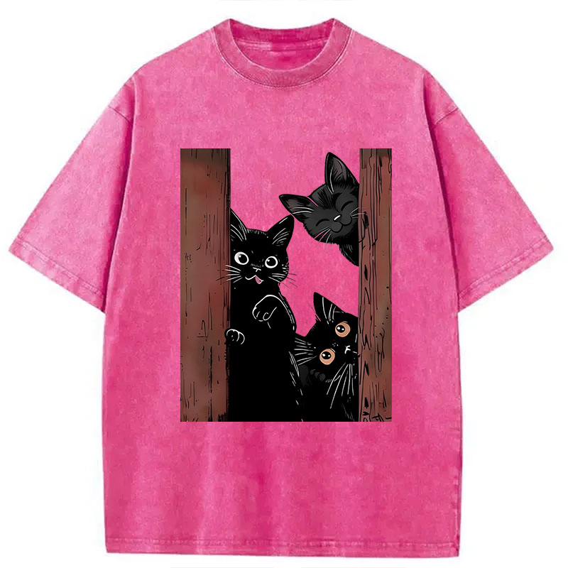 Modecanvas Funny Cats Spying On You DTG Printing Washed T-Shirt