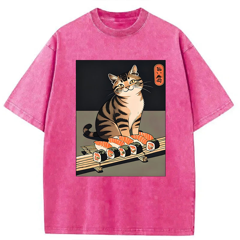 Modecanvas Cute Cat Trying To Steal Sushi DTG Printing Washed T-Shirt