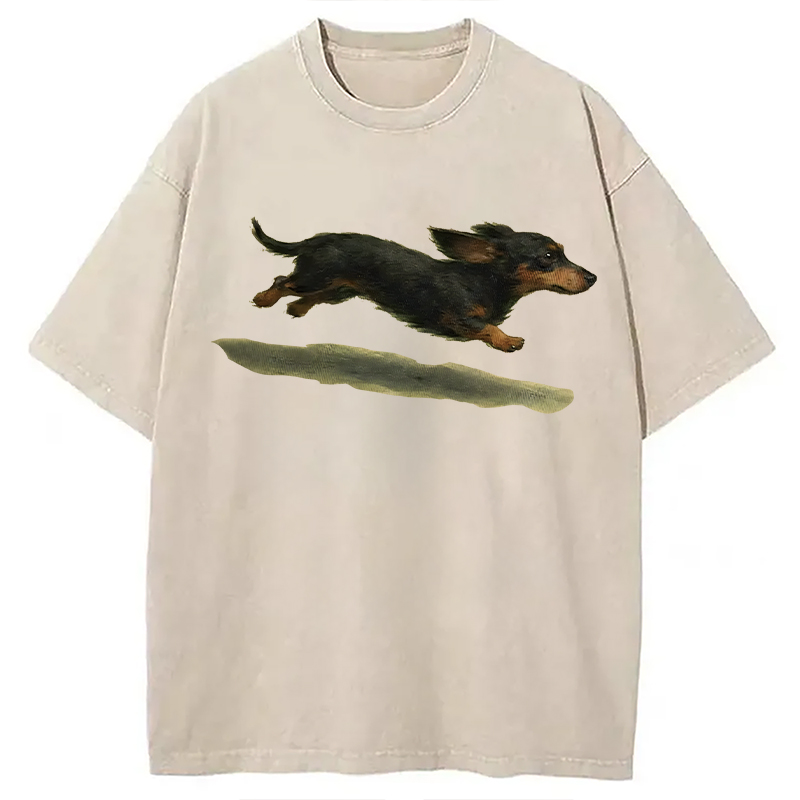 Modecanvas Funny Retro Cute Running Dog DTG Printing Washed T-Shirt