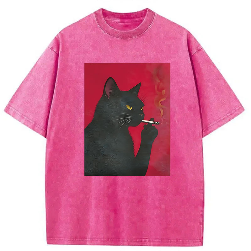 Modecanvas Black Cat Smoking DTG Printing Washed T-Shirt