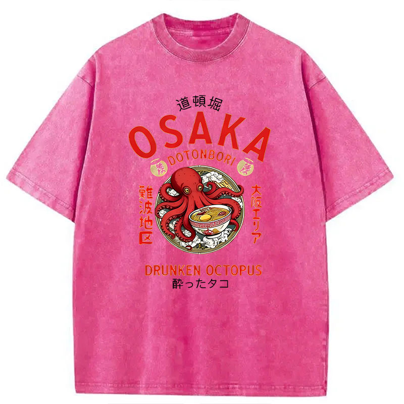 Modecanvas Osaka Drunken Octopus Eating Ramen DTG Printing Washed T-Shirt