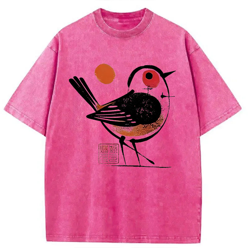 Modecanvas Aesthetic Yellow And Black Bird DTG Printing Washed T-Shirt