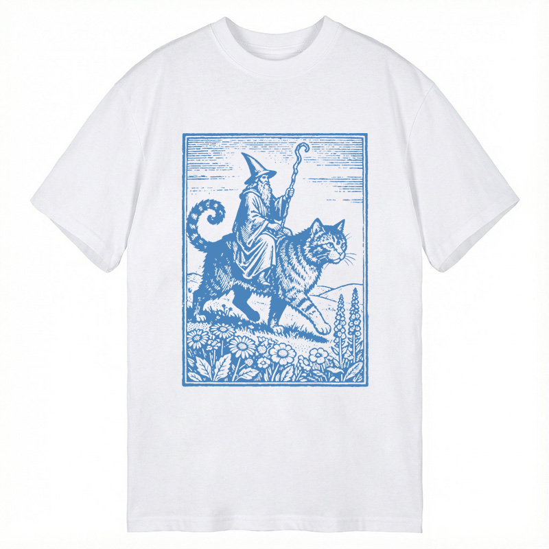 Modecanvas Wizard Cat Rider Vintage DTG Printing Classic T-Shirt-modecanvas