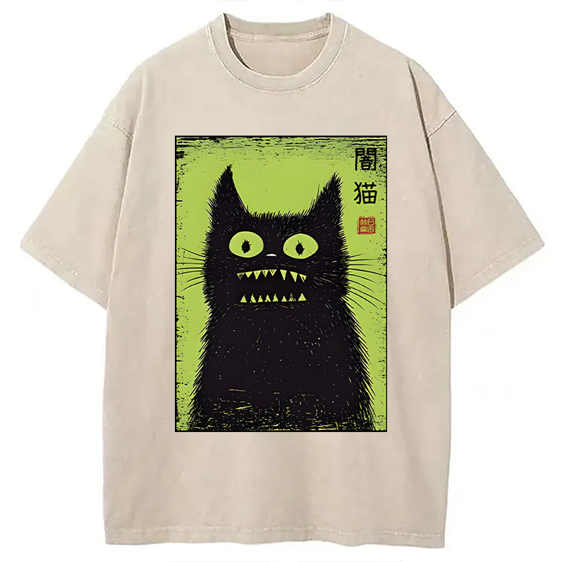 Modecanvas Spooky Black Cat Japanese DTG Printing Washed T-Shirt