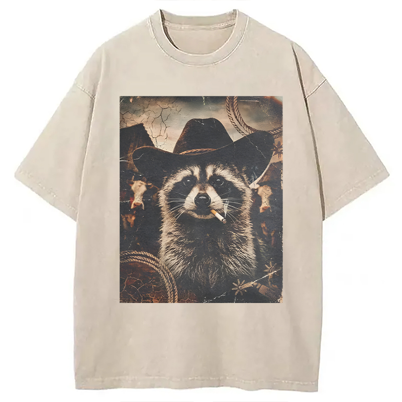 Modecanvas Vintage Weatern Raccoon DTG Printing Washed T-Shirt